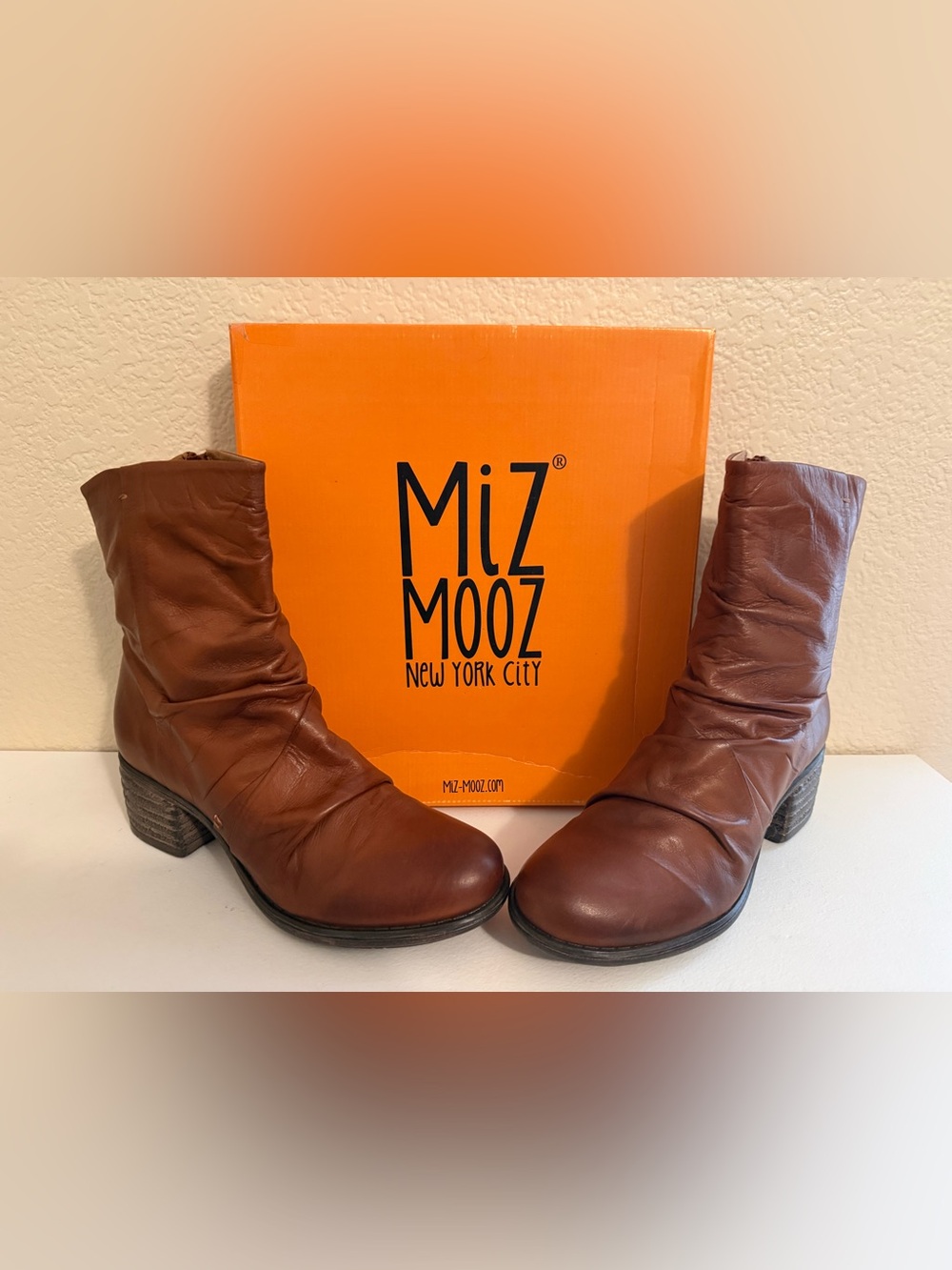 Miz Mooz Gem Chestnut Brown Leather Ruching Ankle Boots Size 9
